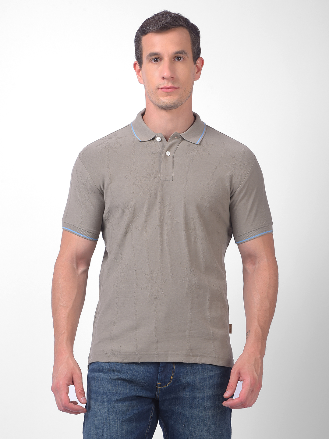 Numero Uno Men Grey Textured Polo Neck T-Shirt